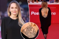 Angelina Jolie flaunts back tattoos backless dress at 'Couture' Rome premiere