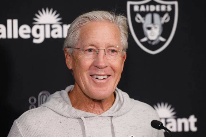 Raiders’ Pete Carroll speaks to the media before practice