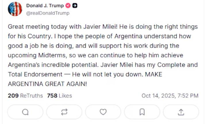 Trump se refirió a su encuentro con Milei y pidió a los argentinos que lo apoyen: "No los defraudará"