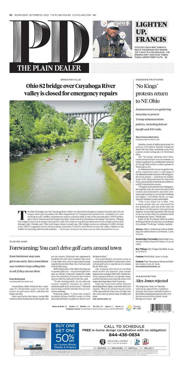 The Plain Dealer’s front page for October 15, 2025