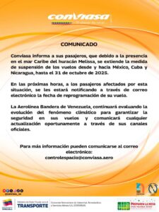 Conviasa extiende hasta el 31 de octubre suspensión de vuelos hacia México, Cuba y Nicaragua