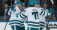 Celebrini has a hat trick and a 5-point game, Sharks beat Rangers in OT for 1st win this season