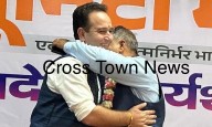 Sat Sharma hugs LoP Sunil Sharma ; Picture depicts Victory in Rajya Sabha Elections
