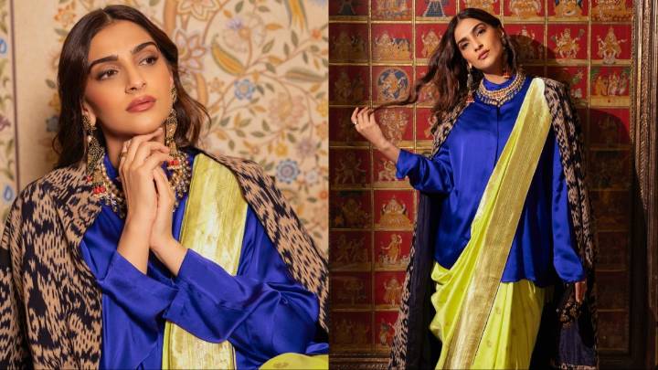 Sonam Kapoor’s Diwali Glam Features A Sunshine Yellow Saree And A Cobalt Blue Shirt
