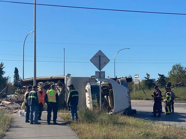 Semi rolls over on Hibbing roundabout