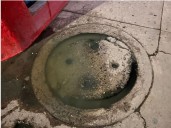 Aguas negras brotan de drenaje colapsado en El Saucito