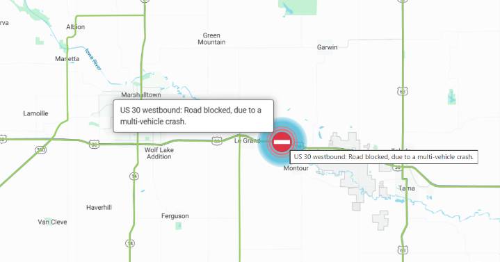 Highway 30 west between Tama and Marshalltown currently closed due to crash