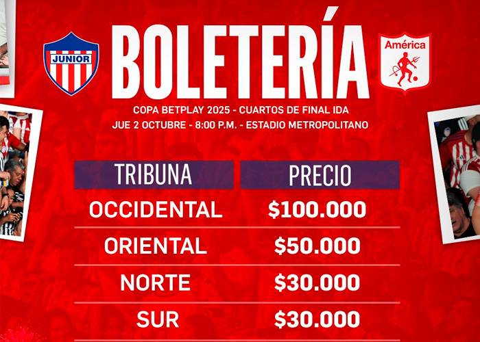 Junior vs. América, boletería a la venta en la Ida de Cuartos de Copa Betplay