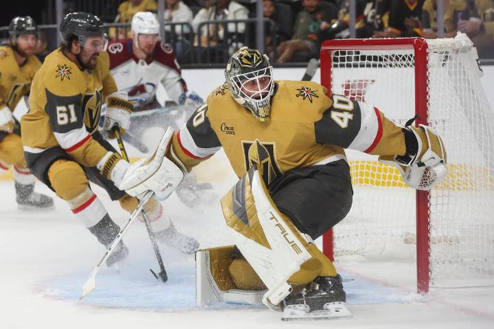 Golden Knights goaltender Akira Schmid reacts to Carter Hart signing