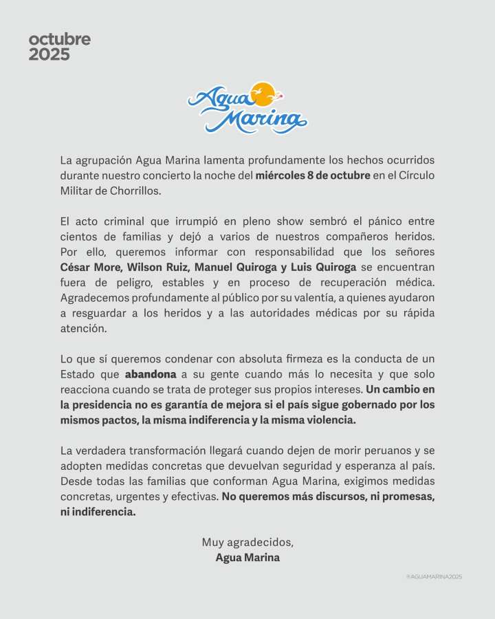 Agua Marina tras ataque: “Cambio de presidente no basta si el país sigue gobernado por los mismos pactos”