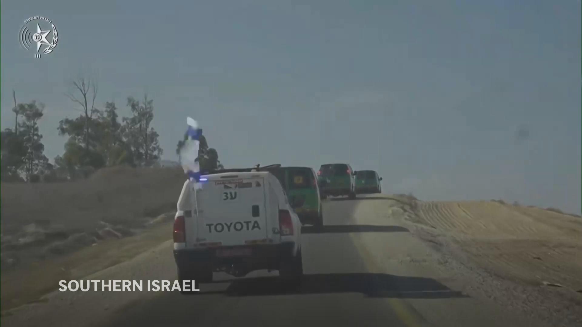 Convoy transports bodies of deceased hostages into southern Israel following release by Hamas