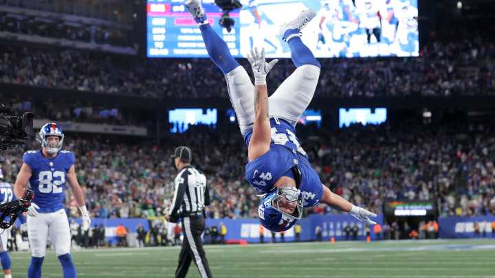 Cam Skattebo scores 3 TDs, adds perfect backflip to cap a career night