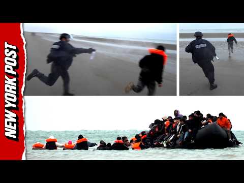 Dramatic Moment Police Face off with 100 Migrants Running Towards Boat in France