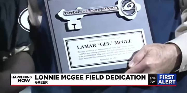 Ceremony underway to dedicate athletic field in Greer to fan