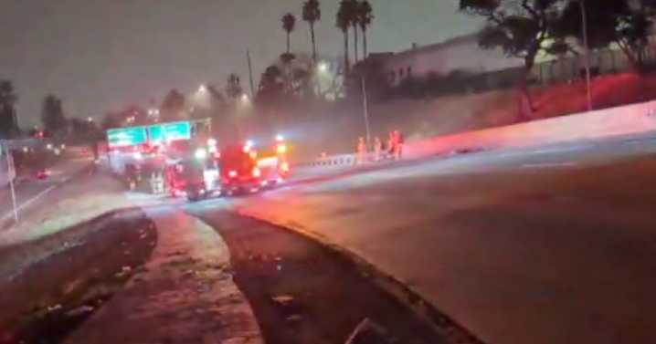 Gas tanker overturns on the 5 Freeway in Boyle Heights