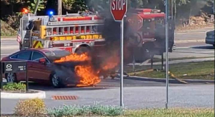 Wild Car Fire on Route 9 Caught on Video