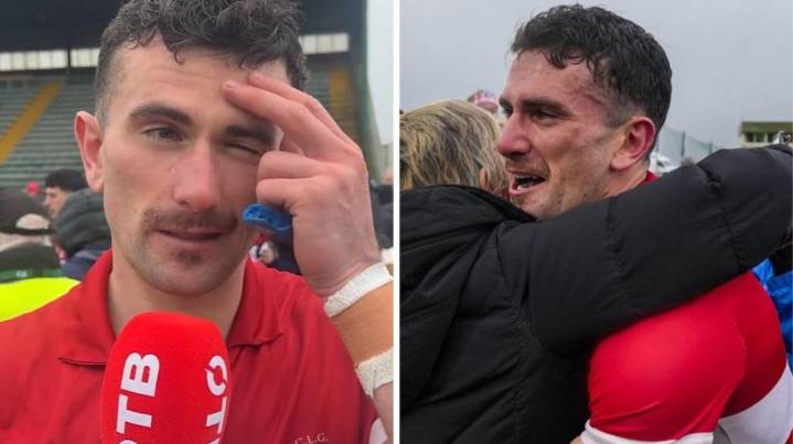 Geelong star Mark O’Connor breaks down after leading local Irish club Dingle to glory