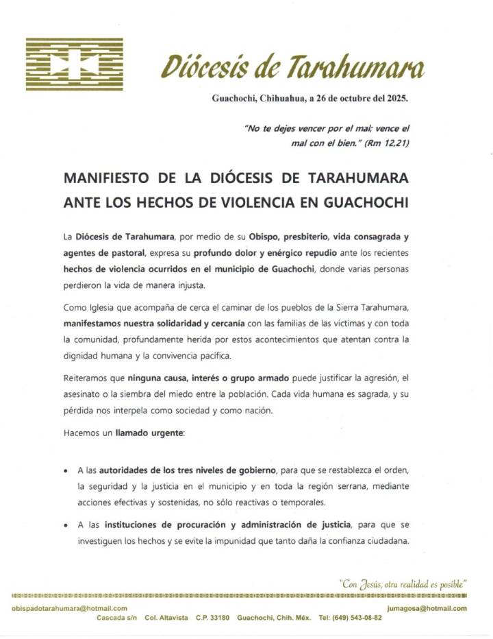 Exige Diócesis Tarahumara a las autoridades poner orden en Guachochi tras multiple homicidio