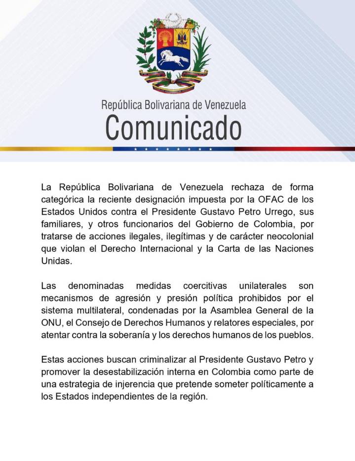 Venezuela rechaza sanciones de EE.UU. contra Petro y dice que buscan "criminalizarlo"