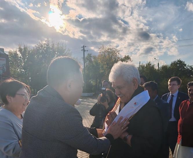 LG J&K Manoj Sinha hands over exhibitions belonging to International Buddhist Confederation and the National Museum to the Kalmyk Museum at Elista, Republic of Kalmykia, Russia