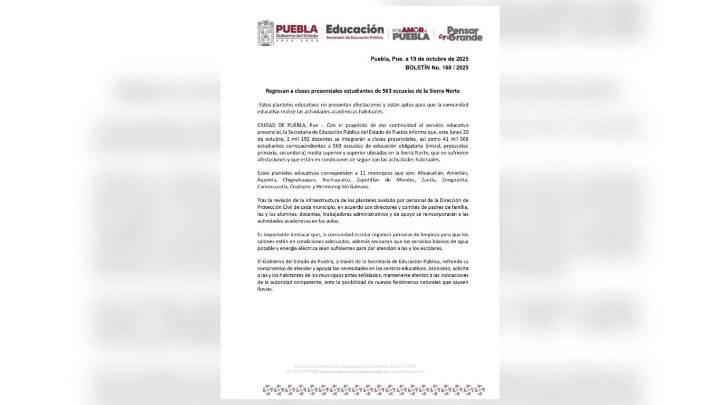 La SEP anuncia regreso a clases en 563 planteles de la Sierra Norte