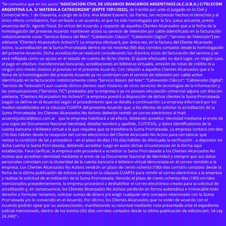 Edicto: Asociación Civil de Usuarios Bancarios Argentinos (A.C.U.B.A.) c / Telecom Argentina S.A. s / materia a categorizar