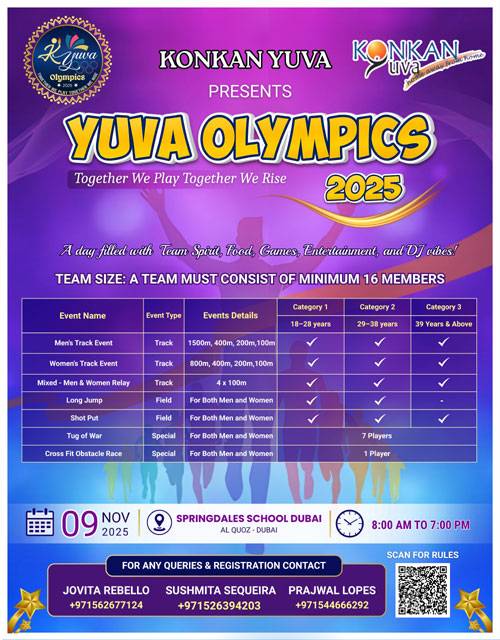 Konkan Yuva’s inaugural ‘Yuva Olympics 2025’ in Dubai on Nov 9
