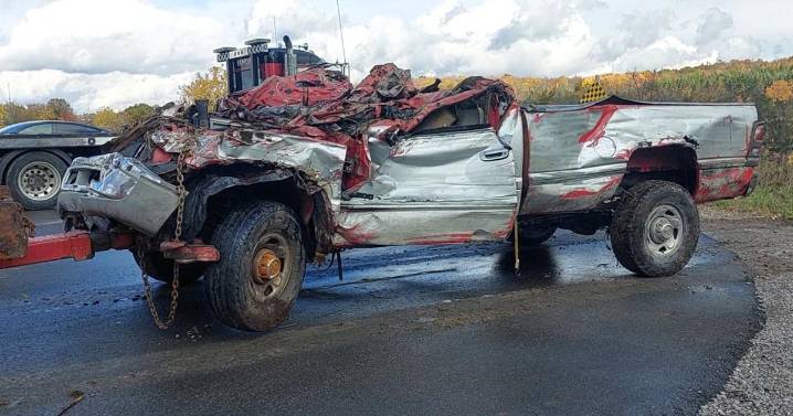 Badly damaged pickup removed from Trent River Campbellford