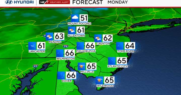 Showers, thunderstorms possible overnight, cooler Monday in Philadelphia area. Here's the weather forecast.