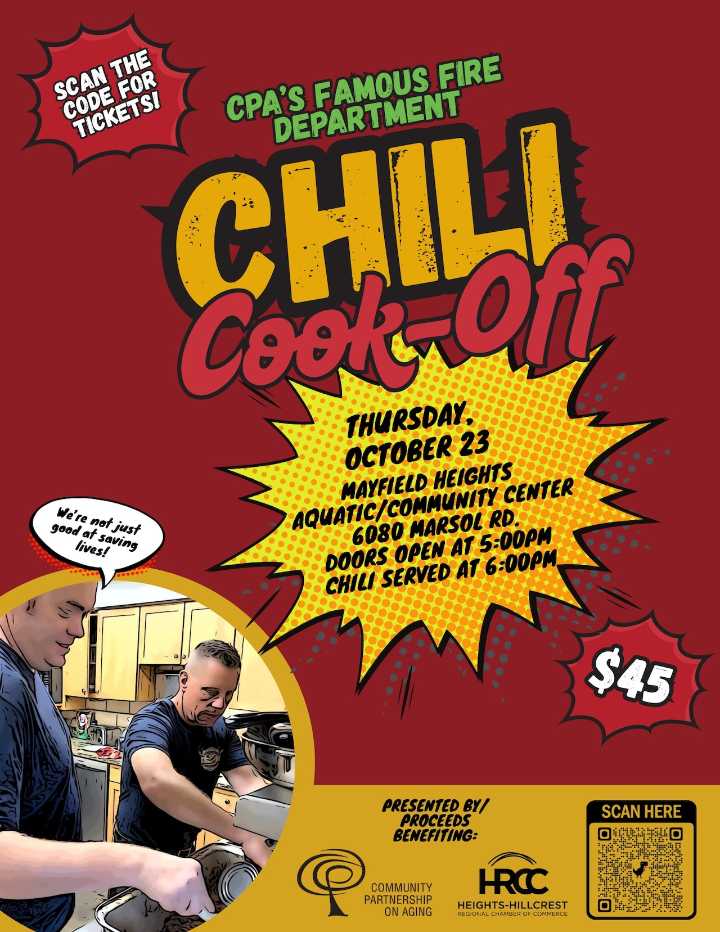 Community Partnership on Aging’s Annual Chili Cook-off, featuring six Hillcrest fire departments, is Oct. 23