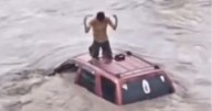 Graban a joven sobre su camioneta inundada clamando a Dios por ayuda en Poza Rica