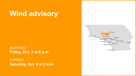 Wind advisory for 5 Freeway north of LA for Friday and Saturday