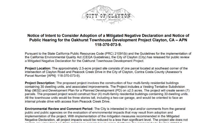 REMINDER: TONIGHT! City Of Clayton To Review 30-Unit Townhouse Project At October Hearing
