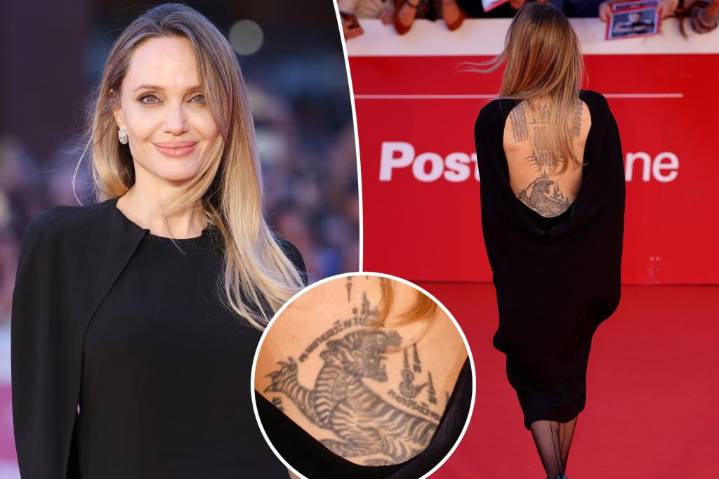 Angelina Jolie flaunts back tattoos backless dress at 'Couture' Rome premiere