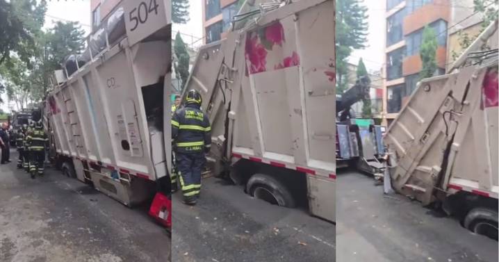 Camión de basura cae en socavón, pero ahora en la alcaldía Cuauhtémoc