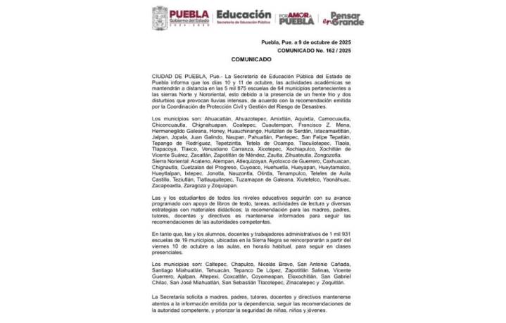 Por lluvias en Sierras Norte y Nororiental se mantiene suspensión de clases presenciales para 5 mil estantes