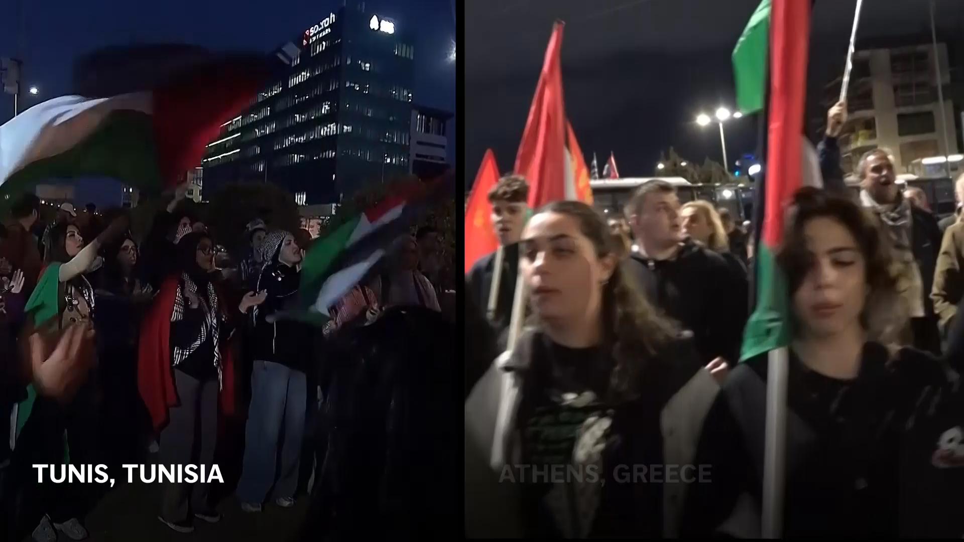 Tunisian and Greek protesters show support for Palestinians on October 7 second anniversary