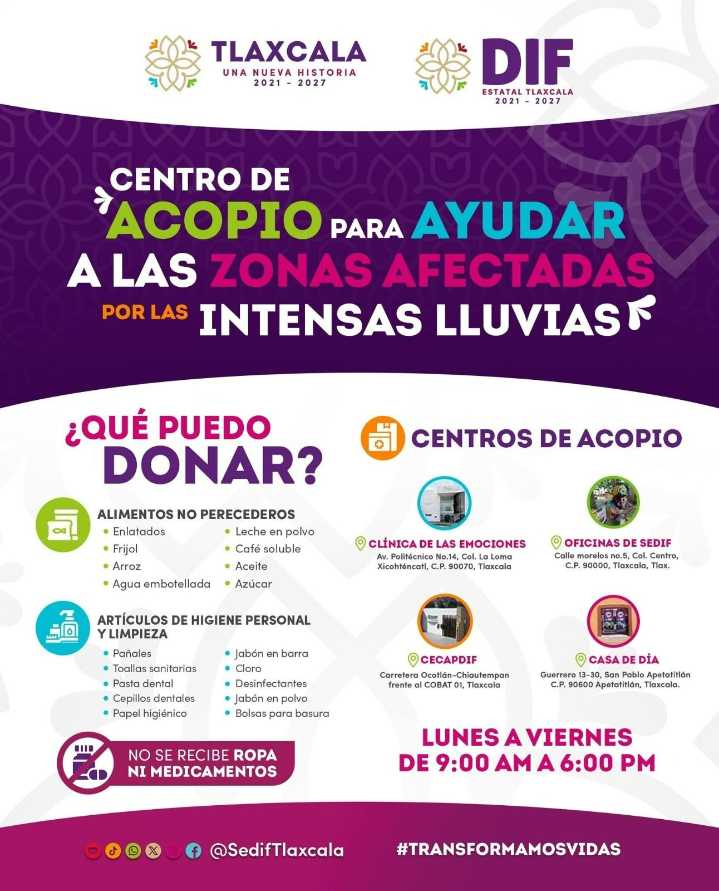 Sedif abre centros de acopio para apoyar a familias afectadas por las lluvias en Veracruz, Puebla, Hidalgo y Tlaxcala