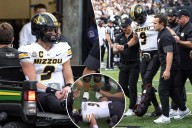 Missouri QB Beau Pribula carted off field with leg injury in scary scene