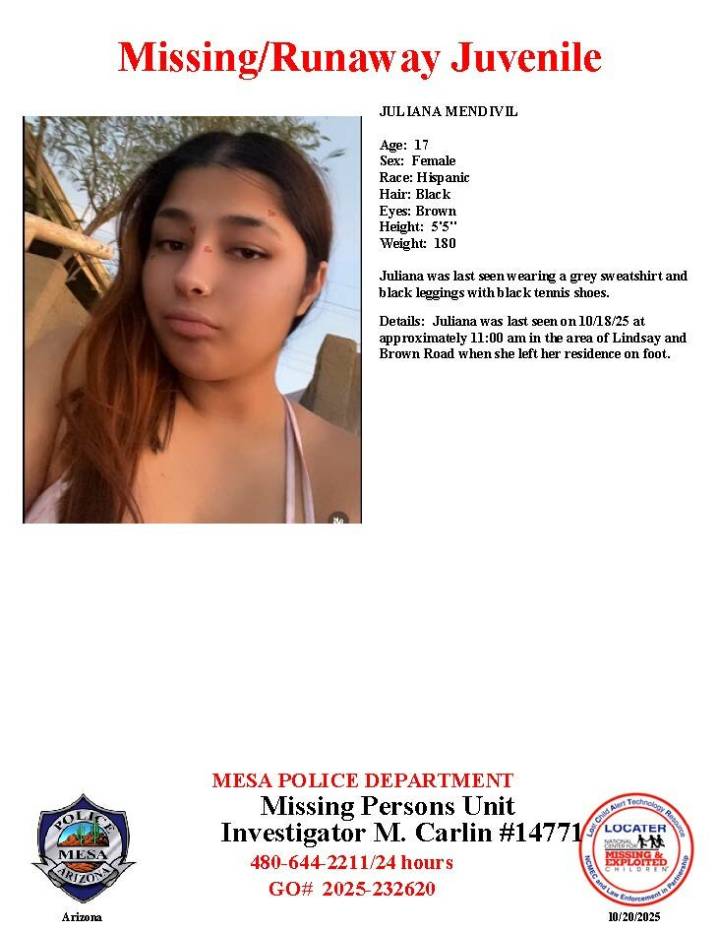 Juliana Mendivil, 17, missing from Mesa, police say