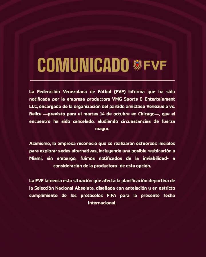 La FVF anunció que la Vinotinto no disputará el amistoso con Belice, esta fue la razón de la suspensión