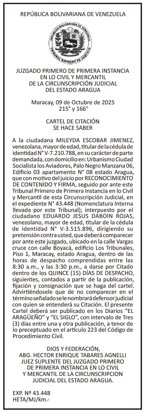 Cartel de Citación: Mileyda Escobar Jiménez