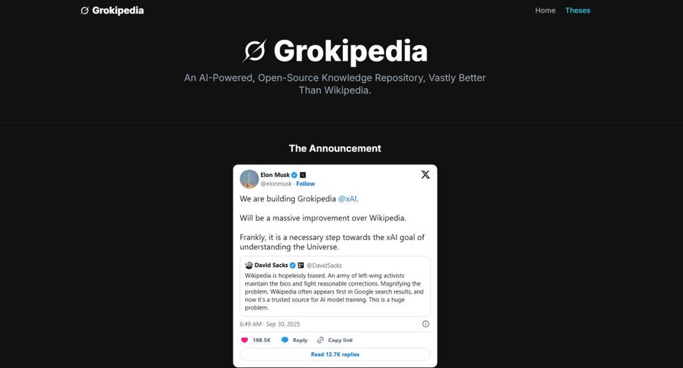 Elon Musk lanza Grokipedia, su enciclopedia escrita por IA que busca competir con Wikipedia