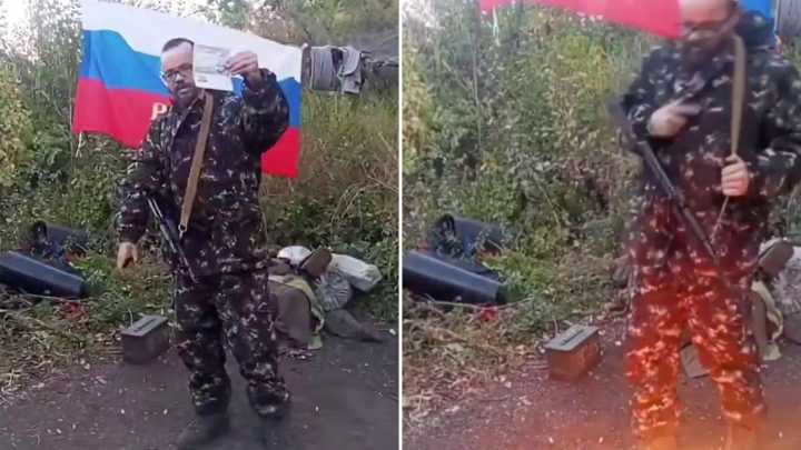 Sick moment pathetic British 'traitor' fighting for Putin in Ukraine shamelessly sets FIRE to his UK passport