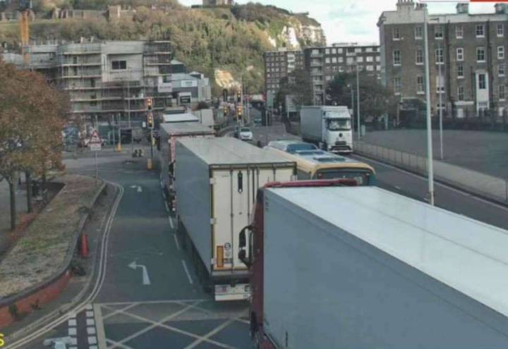 Picture shows dozens of lorries clogging up roads in town on way to Port of Dover