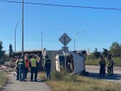 Semi rolls over on Hibbing roundabout