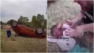 ¡Impresionante! Policía rescató a bebé atrapado en carro volcado 🎦