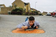 Man transforms pothole into beans on toast for protest