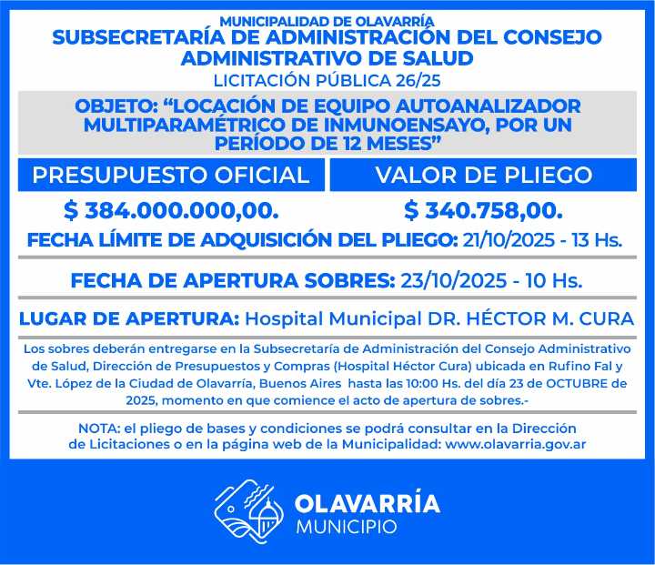 Licitacion Publica: «Locación de equipo autoanalizador multiparamétrico de inmunoensayo, por un período de 12 meses»