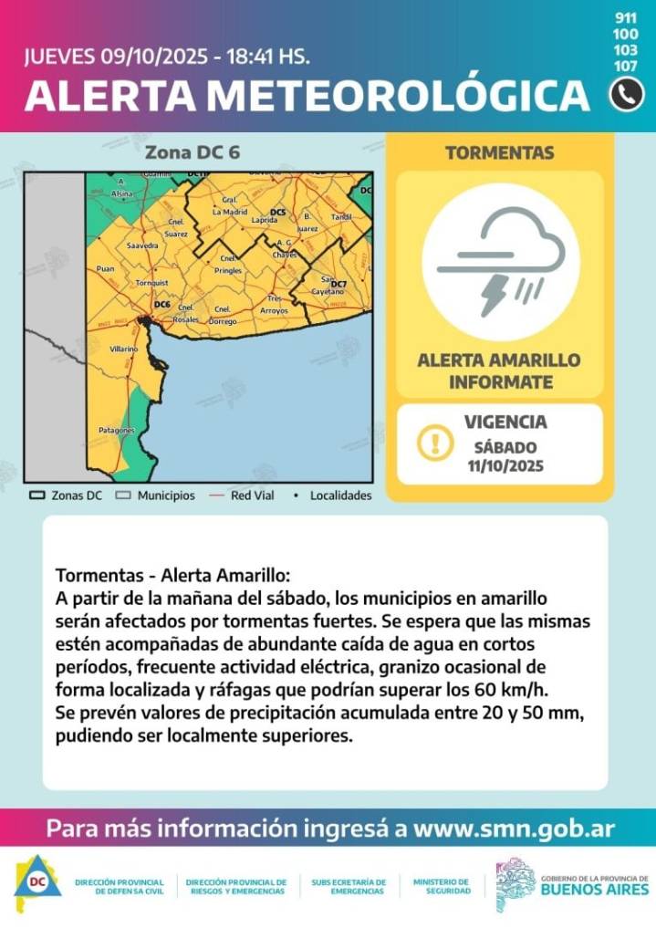 Alerta amarilla por tormentas y lluvias para mañana en Bahía y la región